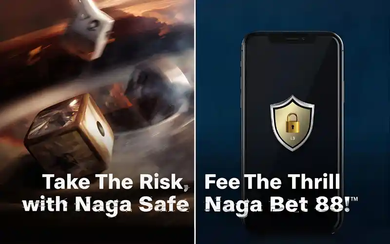 Dice or roulette wheel mid-roll symbolizing thrill and risk with overlay text 'Take the Risk, Feel the Thrill with Naga Bet 88
