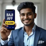 Confident young Bangladeshi man holding a phone, with "Baji Aff" boldly displayed, showing earnings of ৳20,000 on the screen.