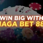 A vibrant composition of cards, poker chips, and dice with glowing text overlay 'Win Big with Naga Bet 88