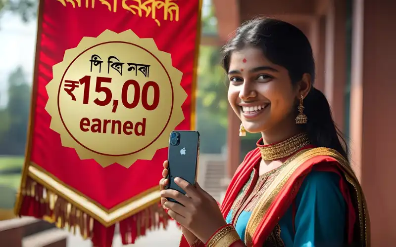 Smiling female student in Dhaka proudly holding up her phone next to a bold Baji Aff banner and “৳15,000 earned” badge.
