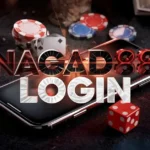 Casino cards, chips, dice, and money on a smartphone with large nagad88 login text overlay.