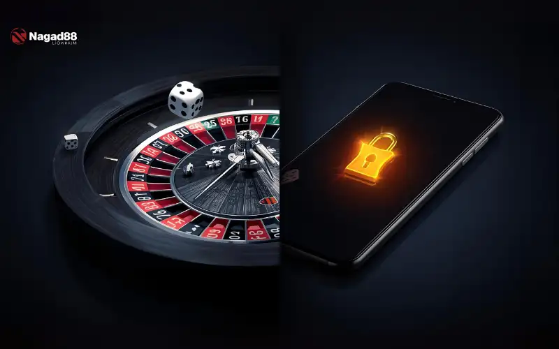 Casino roulette wheel and dice showing risk next to smartphone with padlock showing security, branded with nagad88 login.