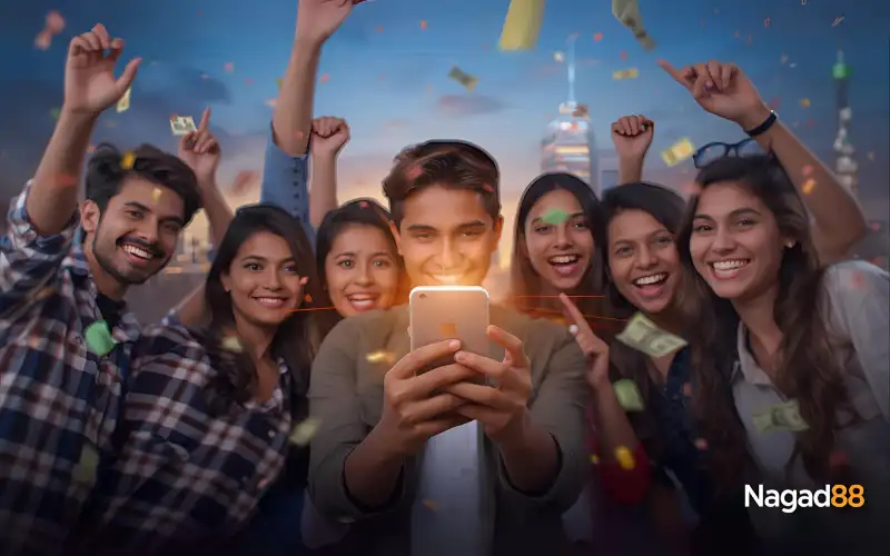 Young people celebrating with smartphone in Dhaka city background, showing winning effect with nagad88 login overlay.