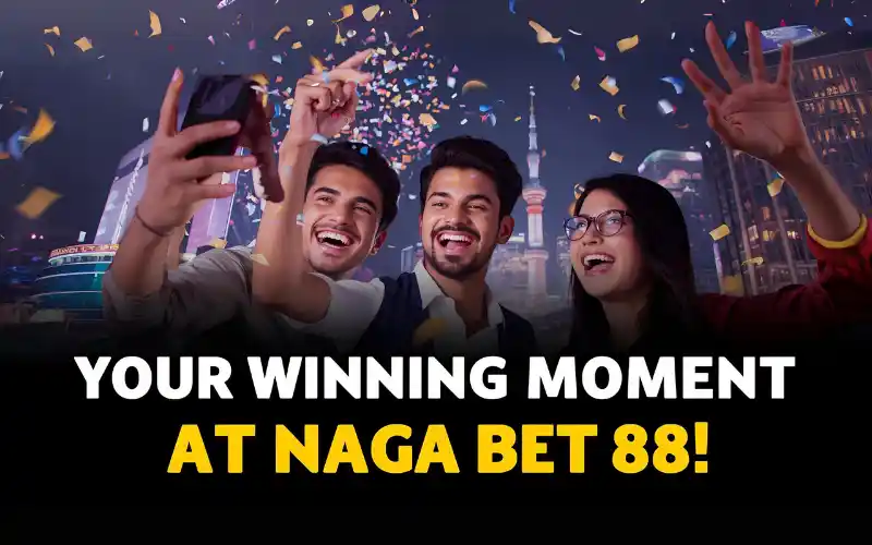 Young people celebrating with a smartphone, confetti and Dhaka skyline in background, highlighting winnings with overlay text 'Your Winning Moment at Naga Bet 88