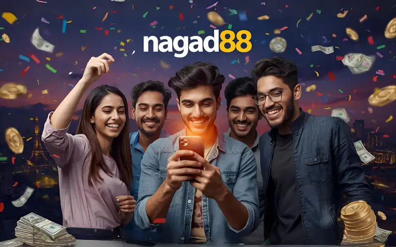 Young people celebrating with a smartphone in Dhaka, with confetti, glowing screen, money, and subtle casino vibes, with “nagad88” overlay.

