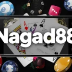 Cards, chips, dice, and money on a smartphone with large “nagad88” text overlay.