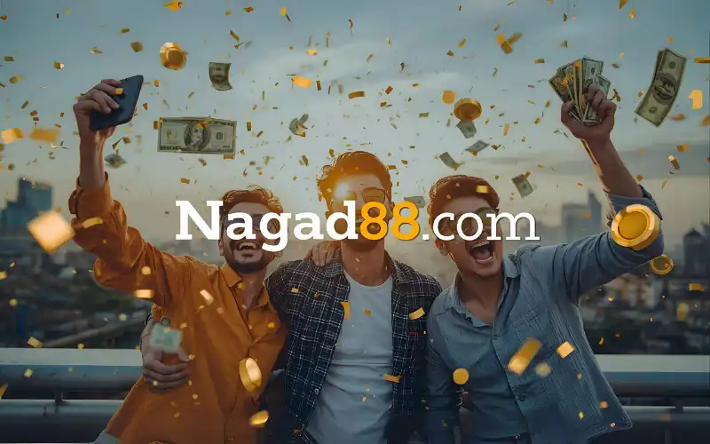 Young people celebrating while holding a smartphone with Dhaka city skyline in the background, confetti and glowing casino elements around, with “nagad88.com” overlay.