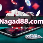 Cards, chips, dice, and money on a smartphone with large “nagad88.com” text overlay.