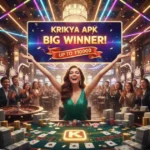 Excited player winning big with krikya apk, surrounded by vibrant casino icons and flying cash.